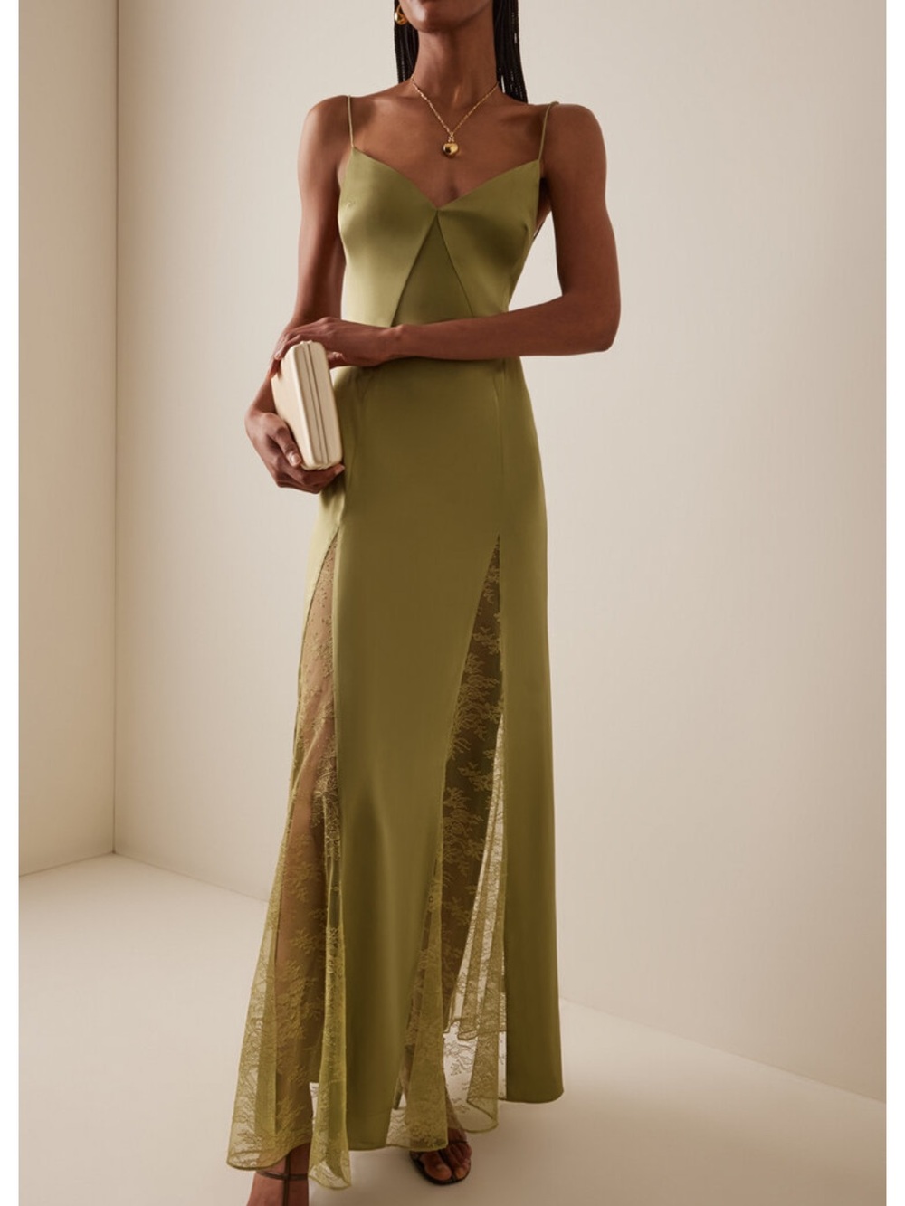 STAUD Trinity Lace-Inset Silk Maxi Slip Dress